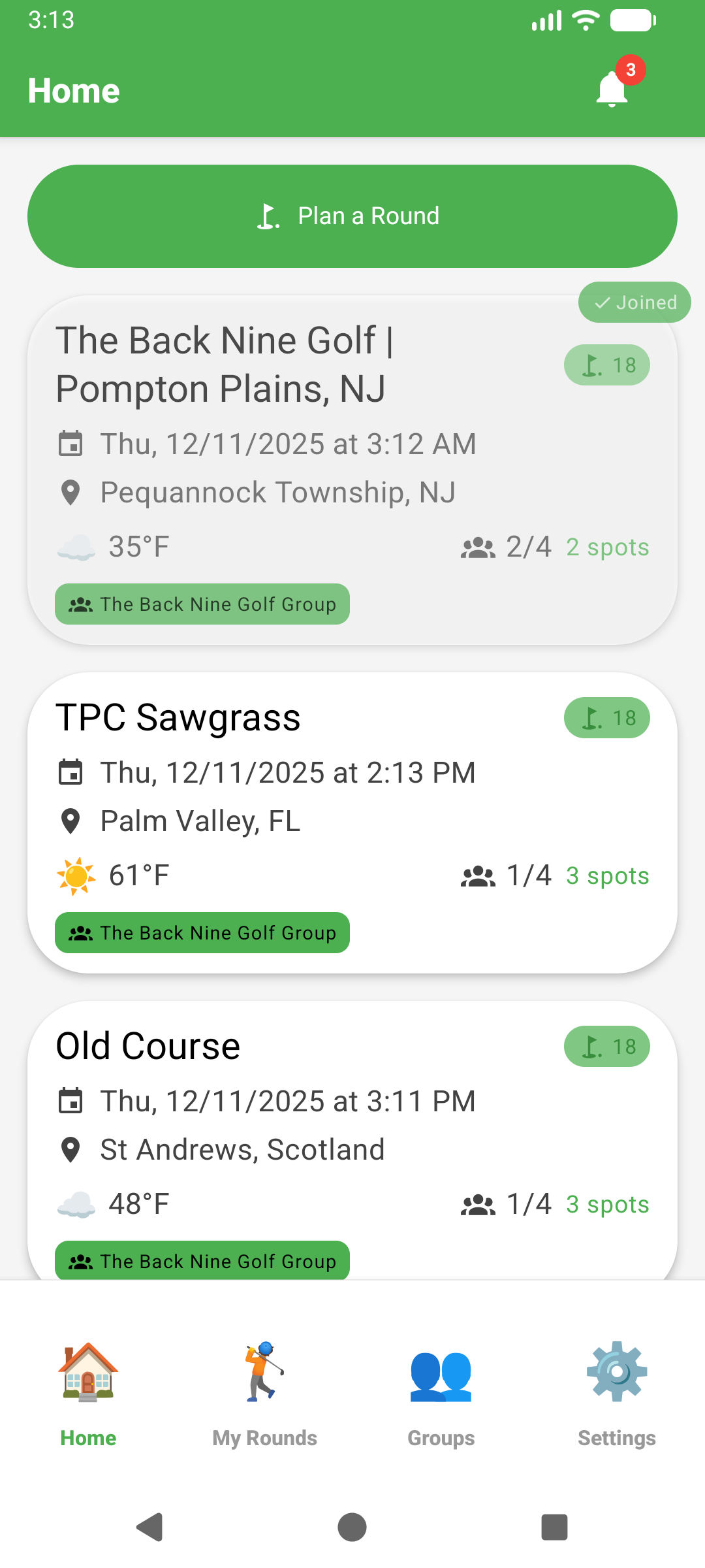 TeeCrew Home Feed - Browse and join rounds