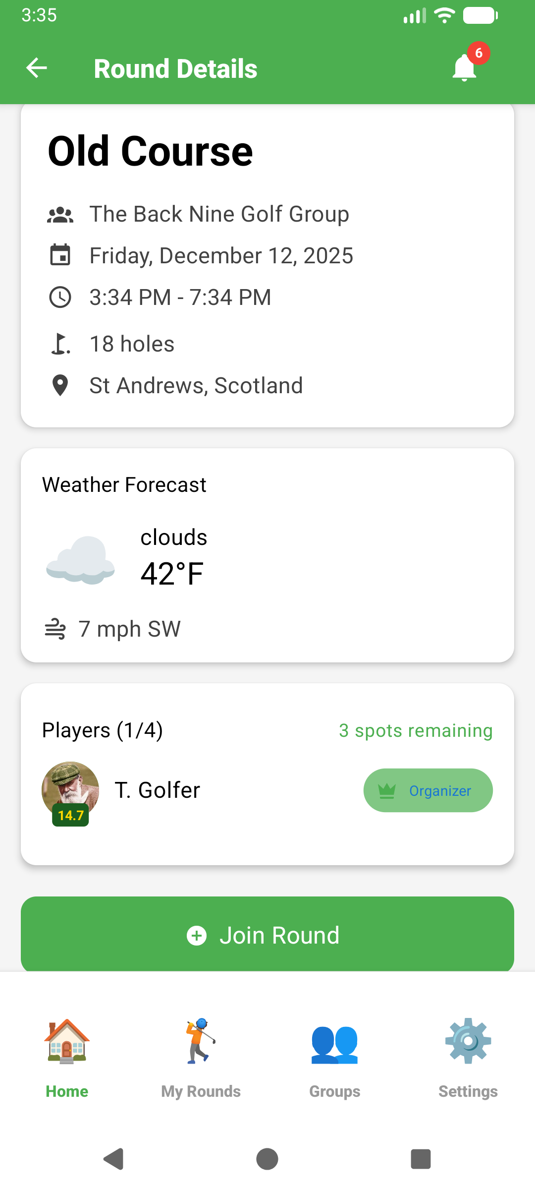 TeeCrew Round Details - Join with one tap